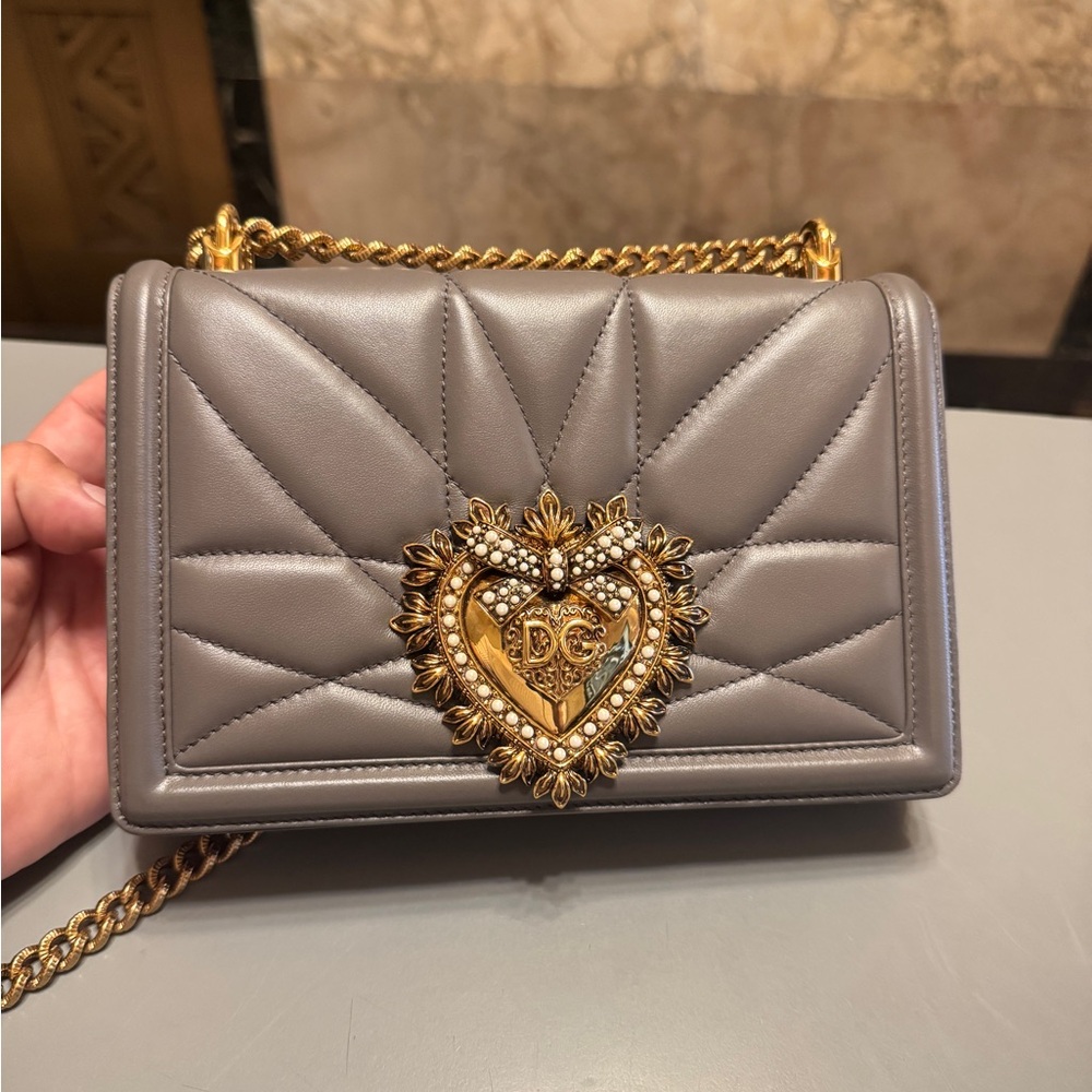 Dolce & Gabbana Devotion Gray Crossbody Bag with Gold Heart Detail